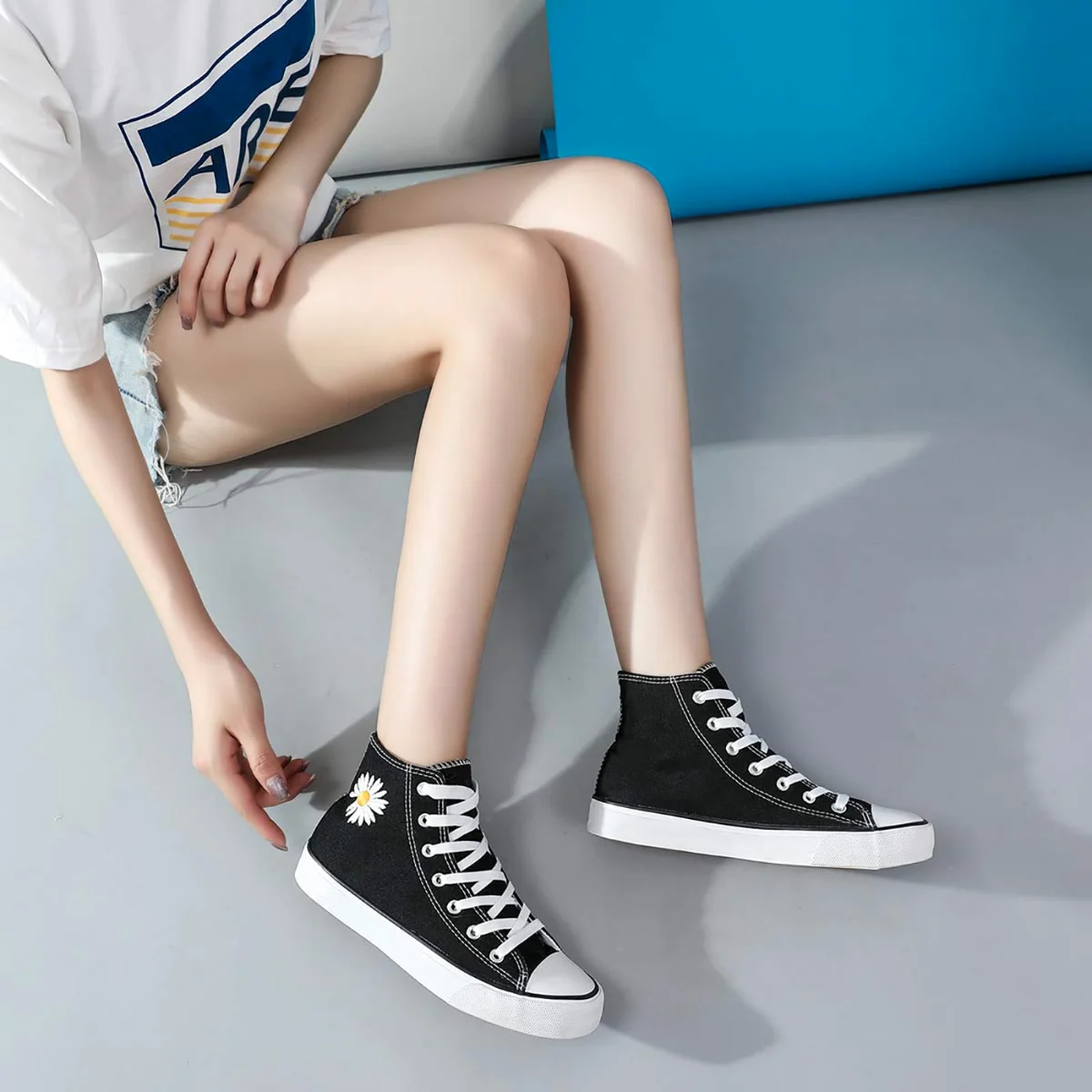 ZGR Classic High Top Canvas Sneaker in Black Daisy, worn