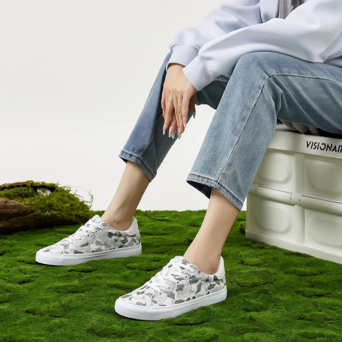ZGR Maple Leaf Embroidered Low Top in Green and White, worn
