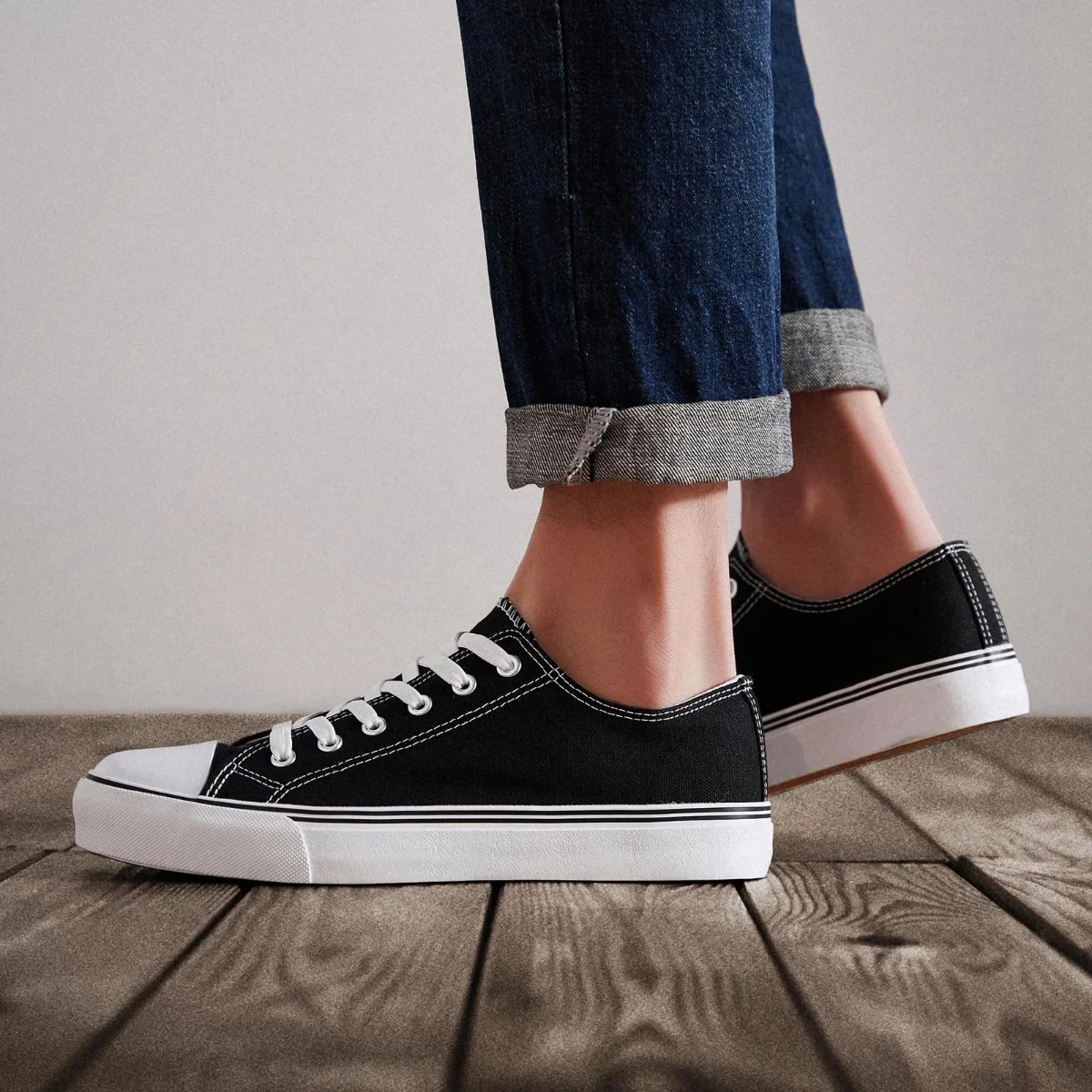 ZGR Men's Classic Low Top Canvas Sneaker in Black, worn