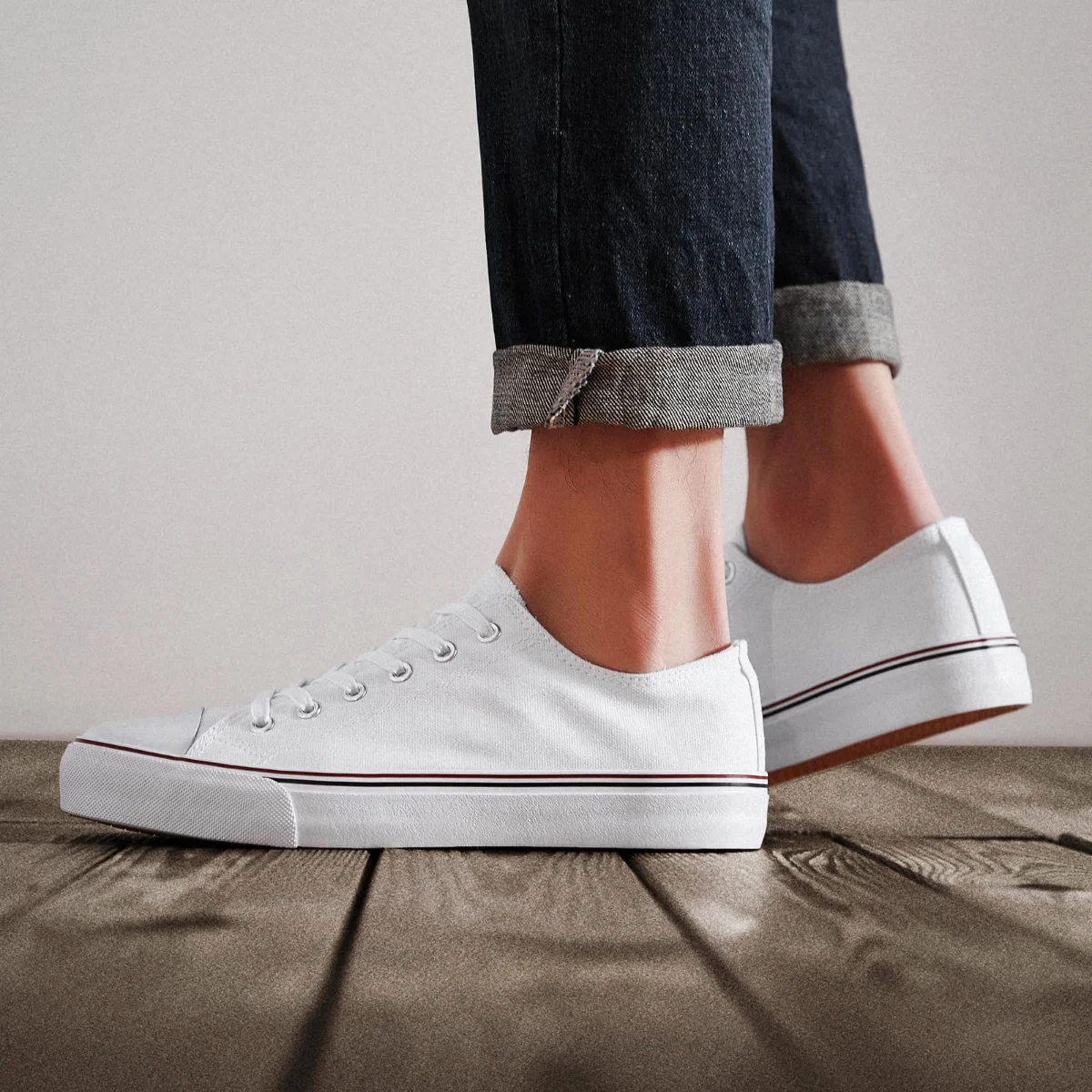ZGR Men's Classic Low Top Canvas Sneaker in White, worn