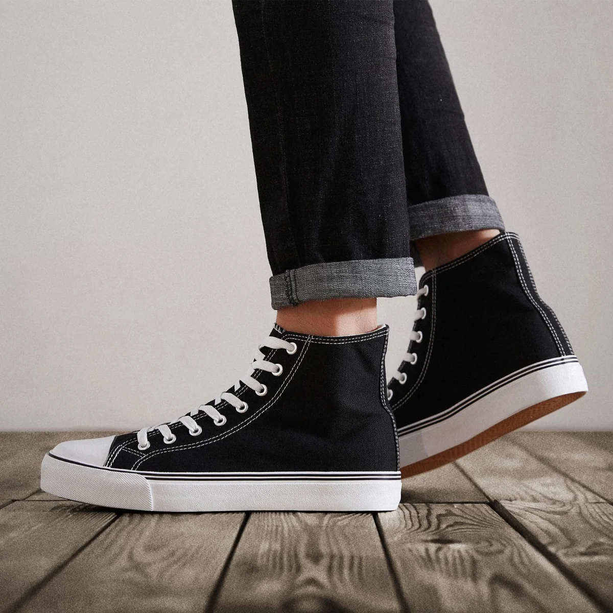 ZGR Men's High Top Canvas Sneaker in Black, worn