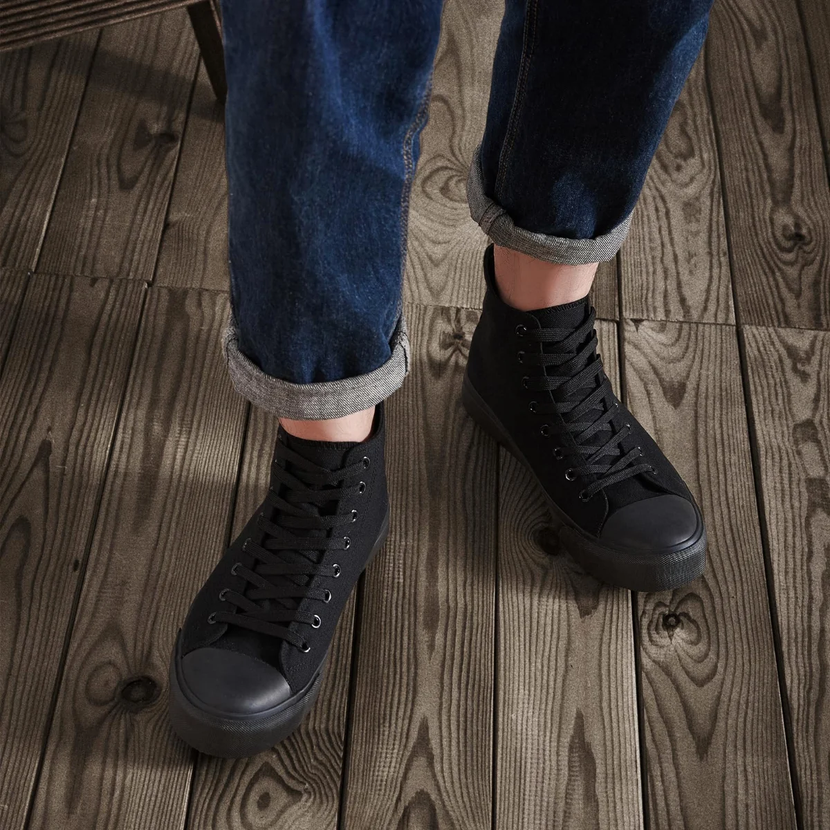 ZGR Men's High Top Canvas Sneaker in Full Black, worn