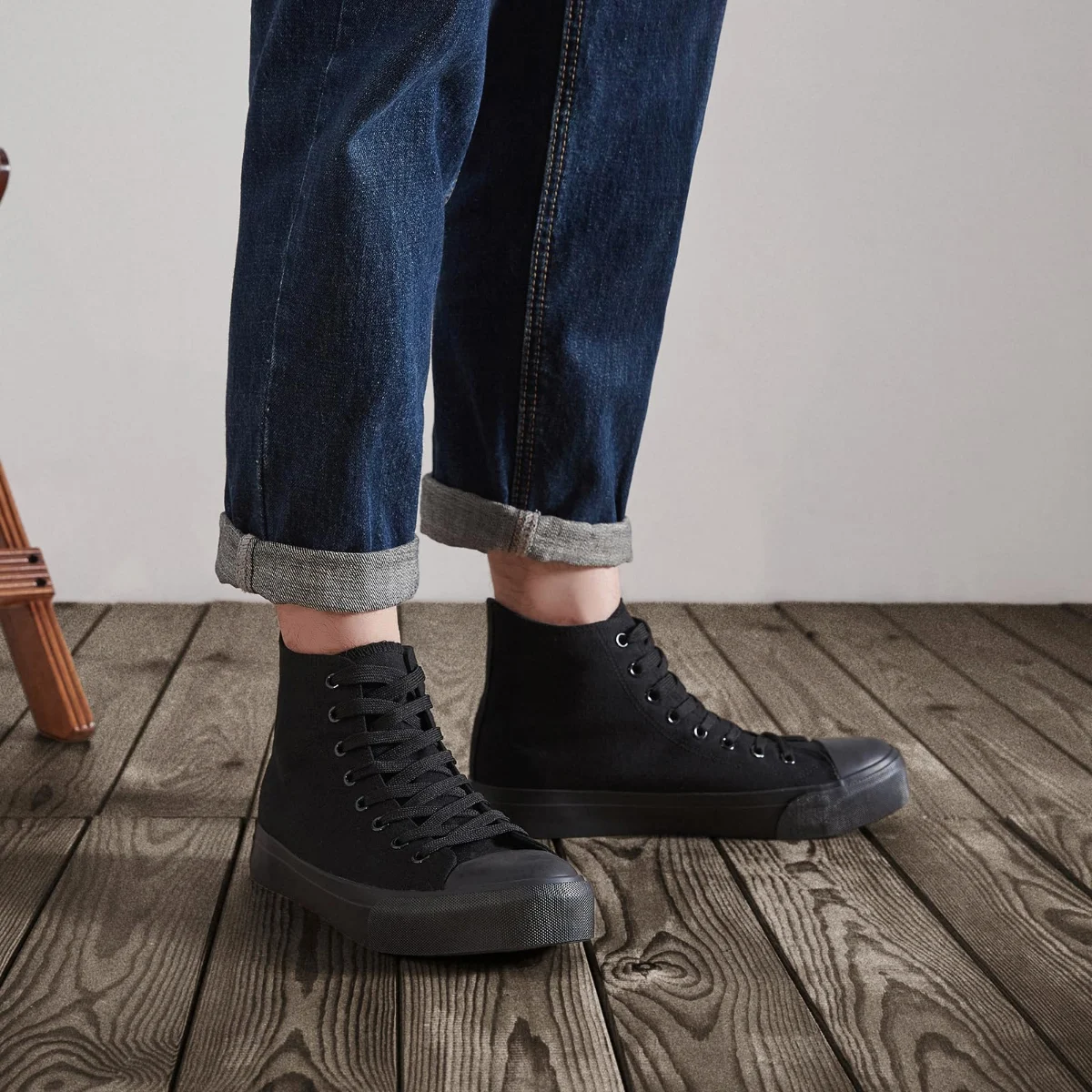 ZGR Men's High Top Canvas Sneaker in Full Black, worn