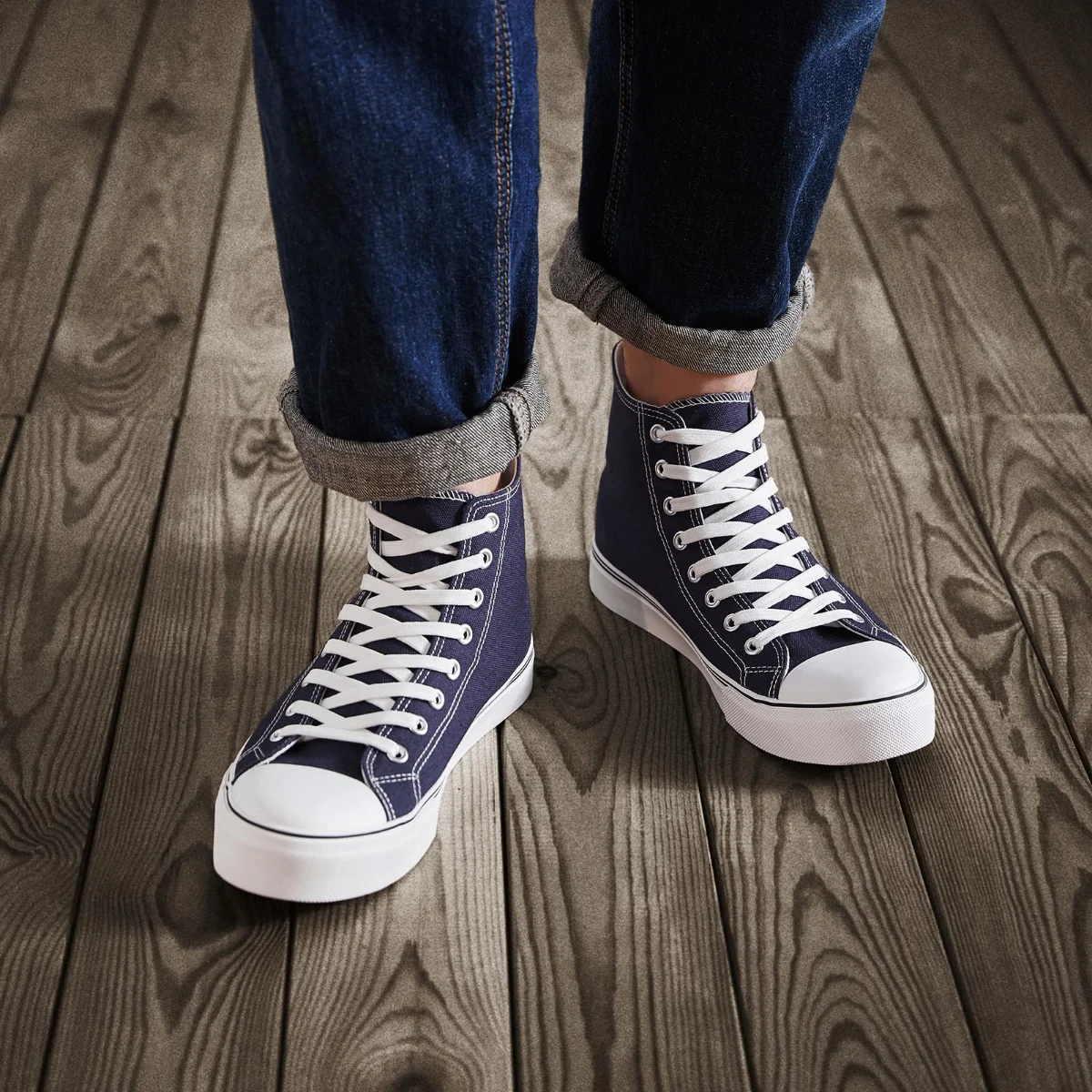 ZGR Men's High Top Canvas Sneaker in Navy, worn