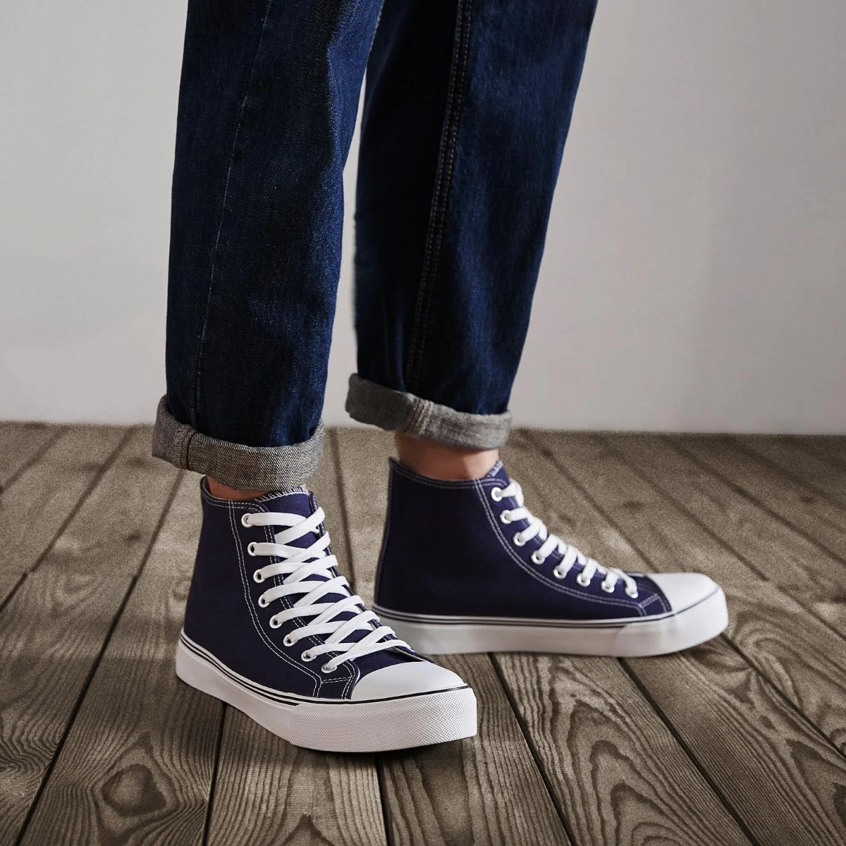 ZGR Men's High Top Canvas Sneaker in Navy, worn
