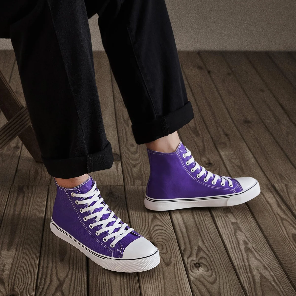 ZGR Men's High Top Canvas Sneaker in Purple, worn