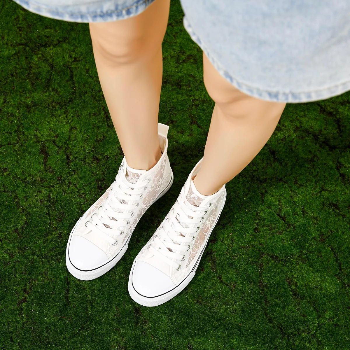 ZGR Mesh Lace Embroidered High Top in White, worn