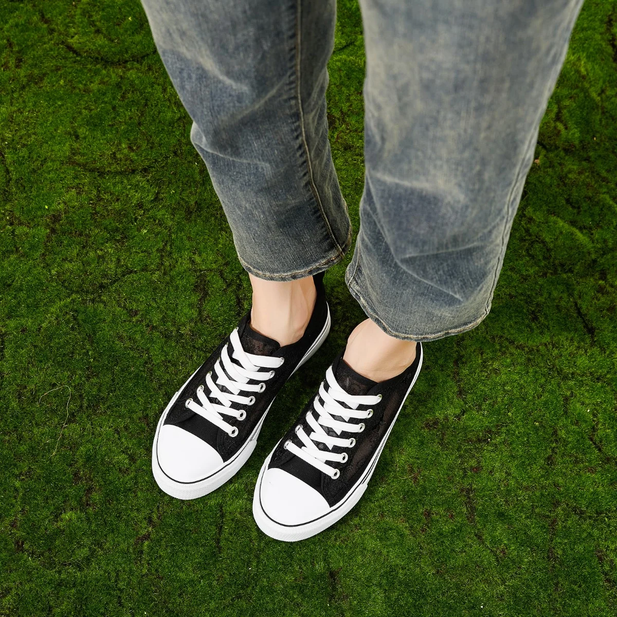 ZGR Mesh Lace Embroidered Low Top in Black, worn