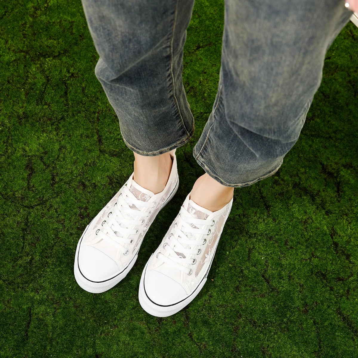 ZGR Mesh Lace Embroidered Low Top in White, worn