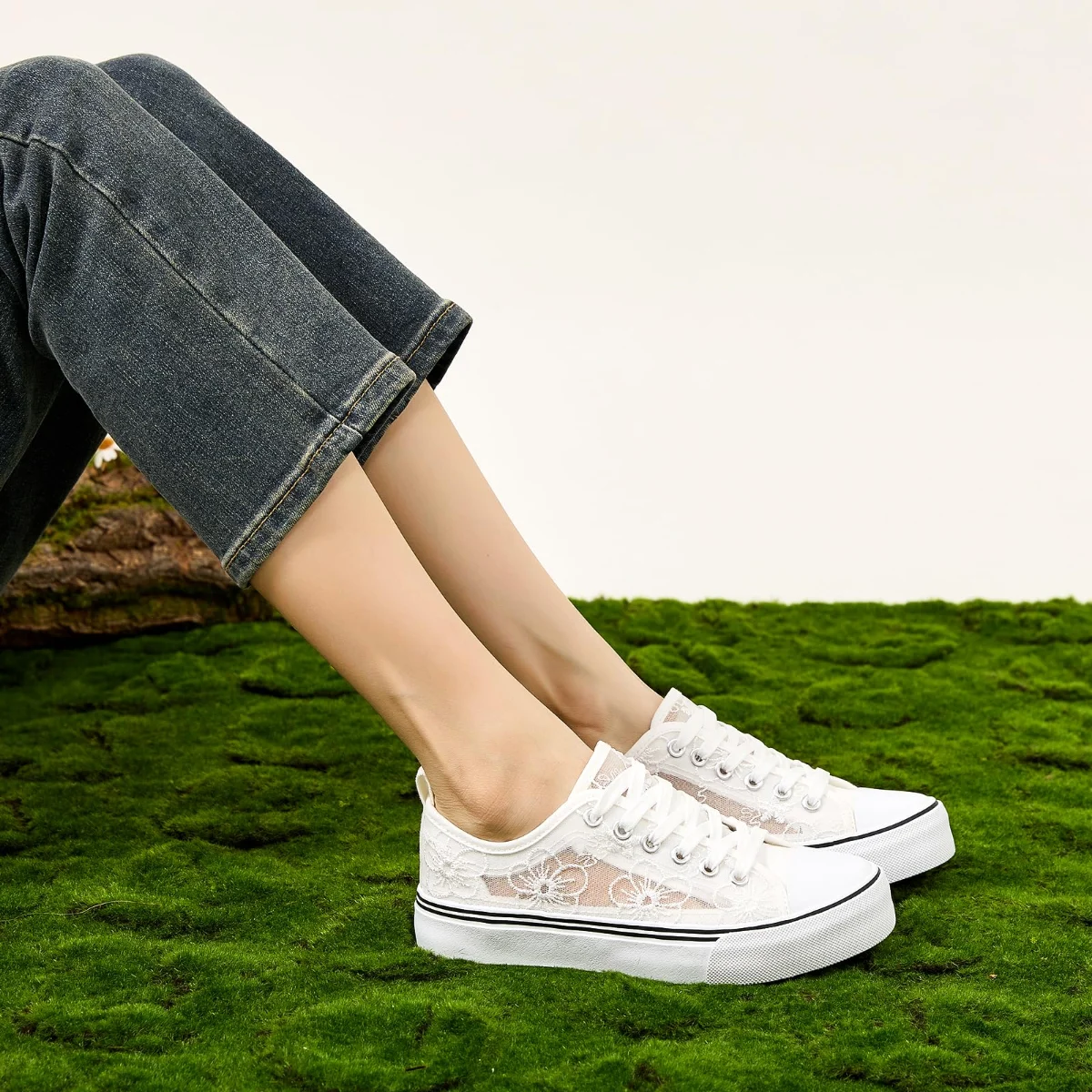ZGR Mesh Lace Embroidered Low Top in White, worn