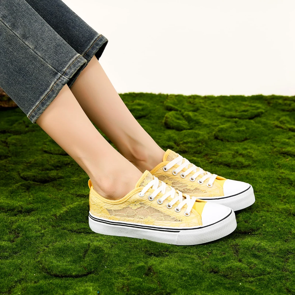 ZGR Mesh Lace Embroidered Low Top in Yellow, worn