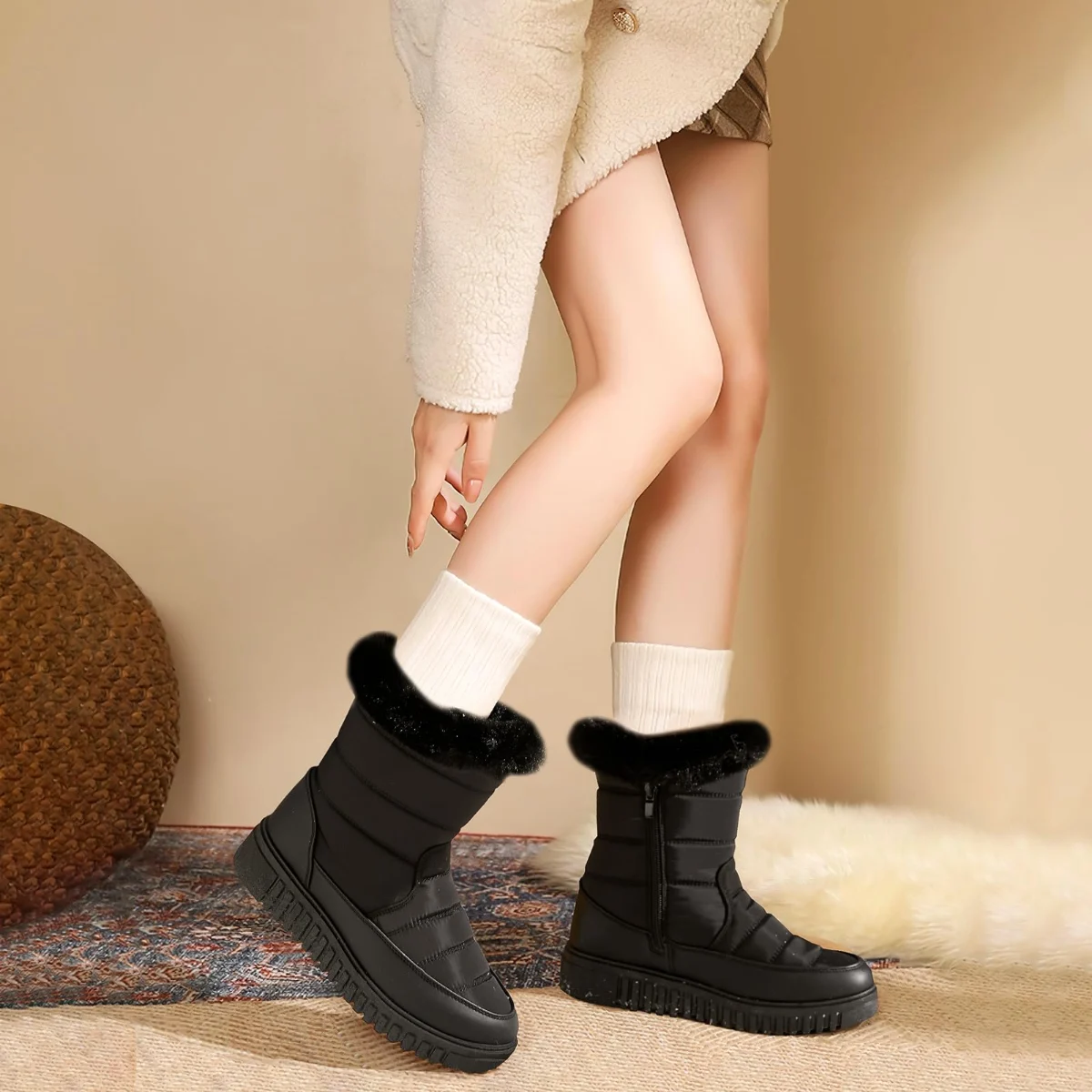 ZGR Mid Calf Winter Snow Boot in Black, worn