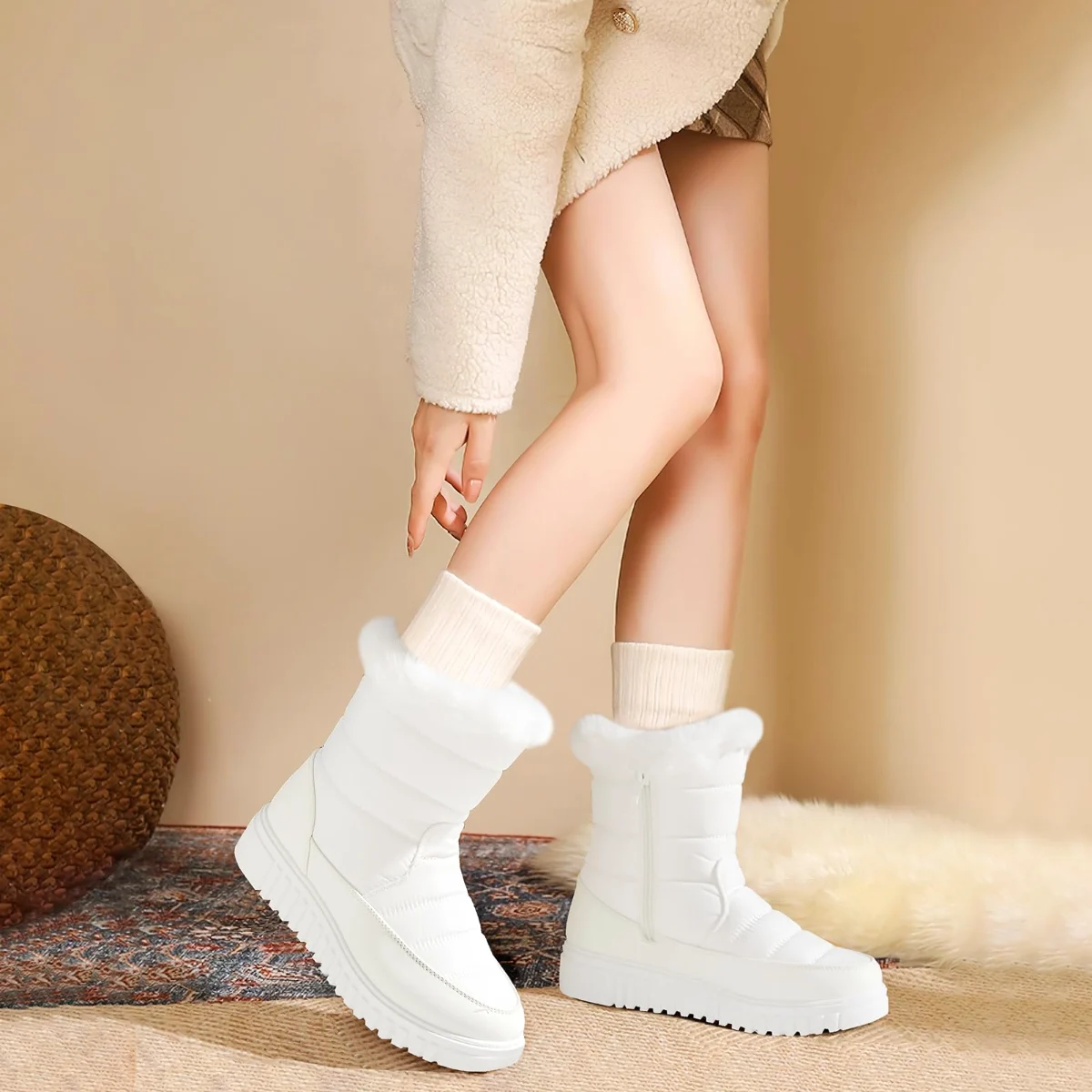 ZGR Mid Calf Winter Snow Boot in White, worn