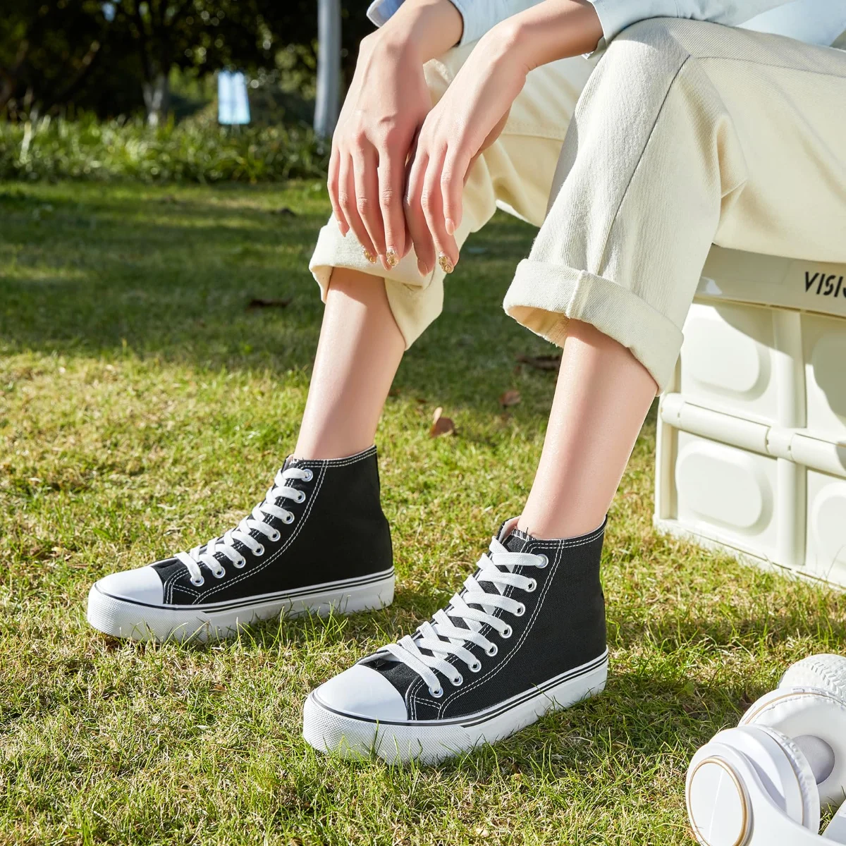 ZGR Padded Toe High Top Canvas Sneaker in Black, worn