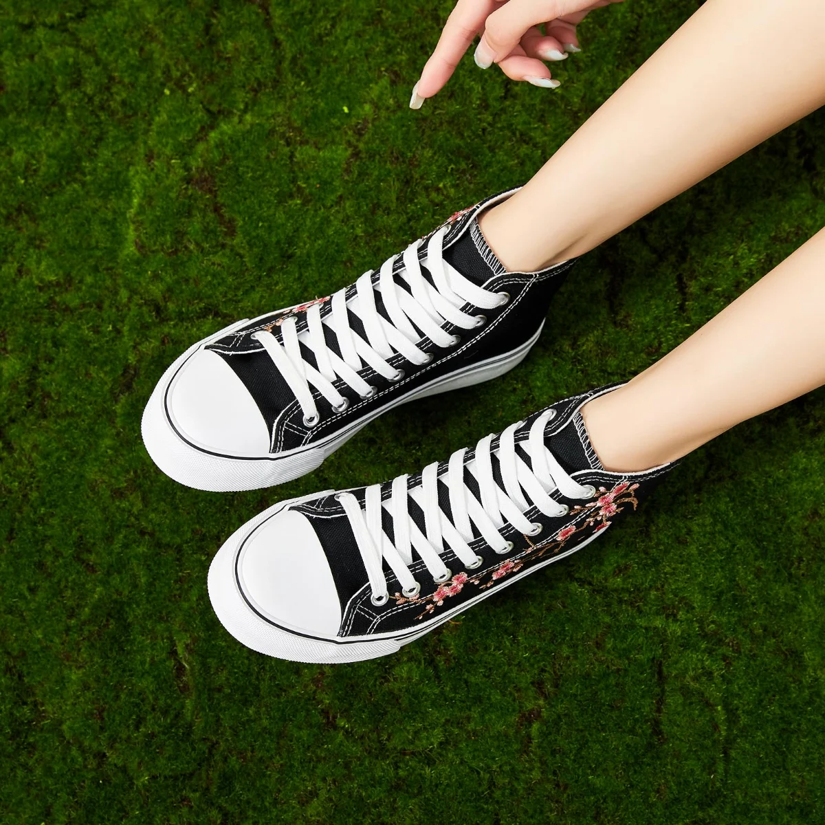 ZGR Padded Toe High Top Canvas Sneaker in Black and Red Embroidery, worn