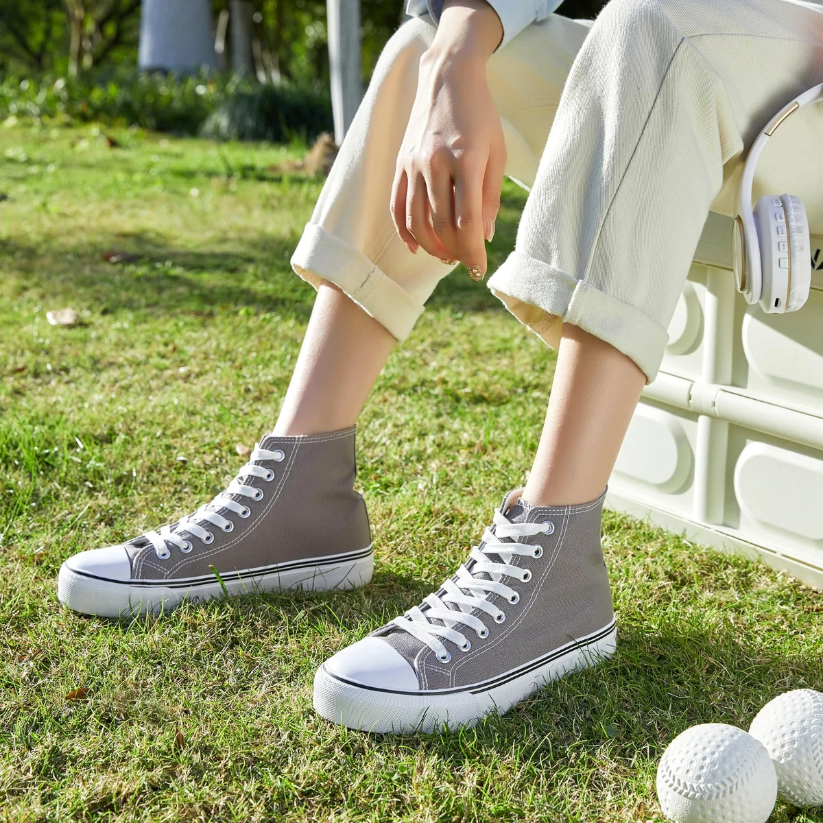 ZGR Padded Toe High Top Canvas Sneaker in Gray, worn