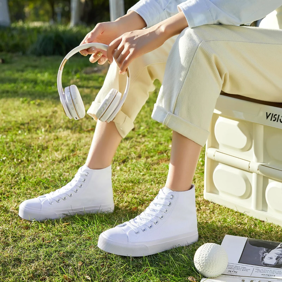 ZGR Padded Toe High Top Canvas Sneaker in Natural White, worn