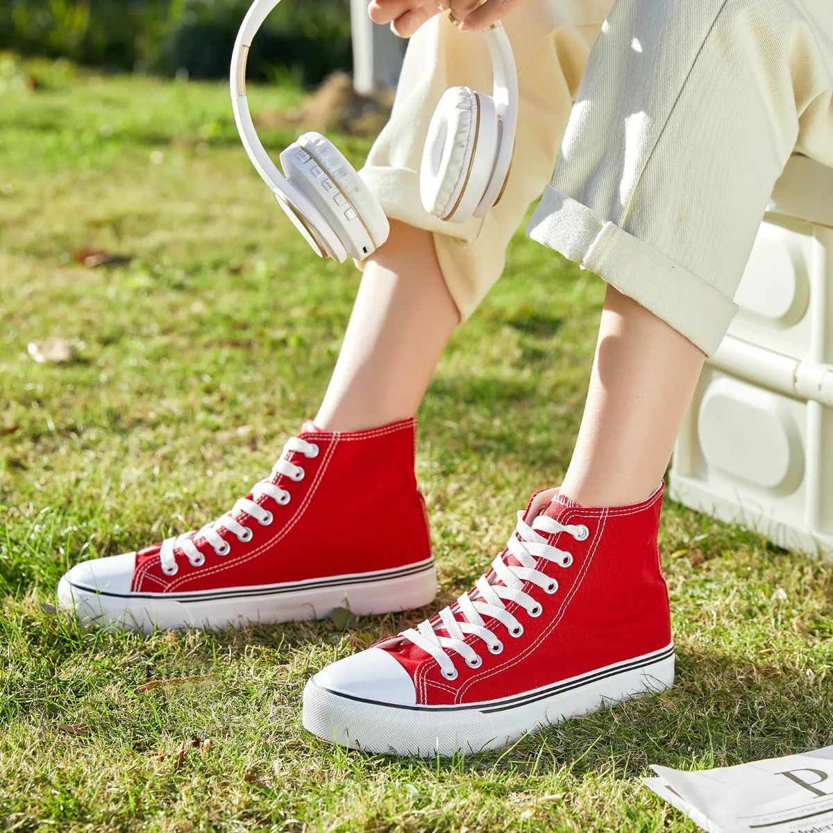 ZGR Padded Toe High Top Canvas Sneaker in Red, worn