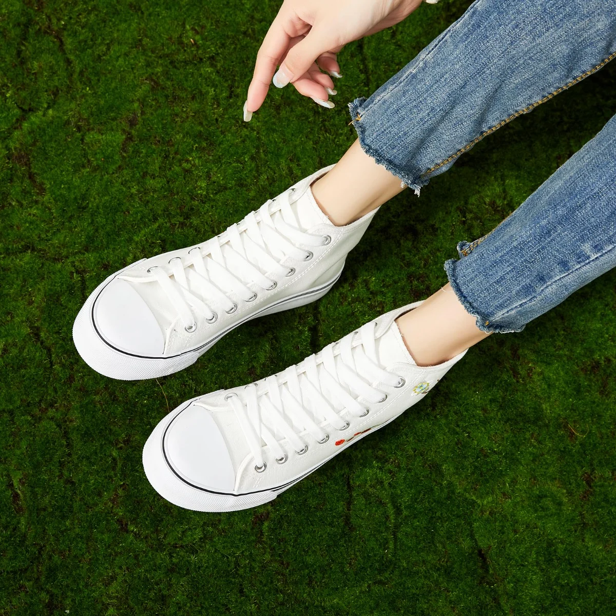 ZGR Padded Toe High Top Canvas Sneaker in Red and White Embroidery, worn