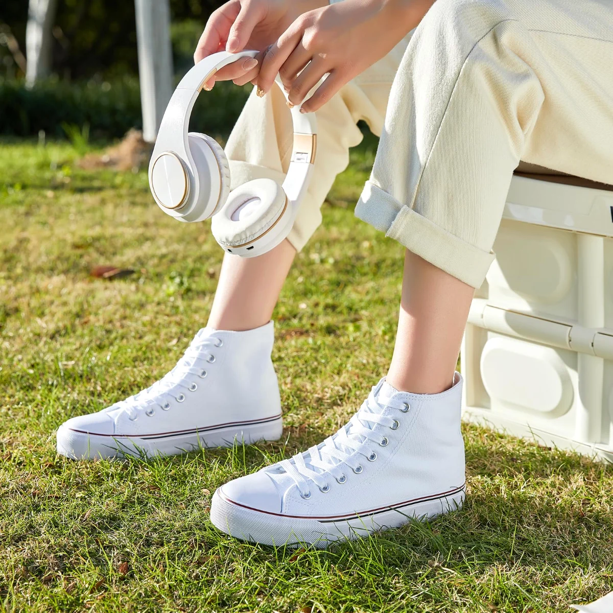 ZGR Padded Toe High Top Canvas Sneaker in White, worn
