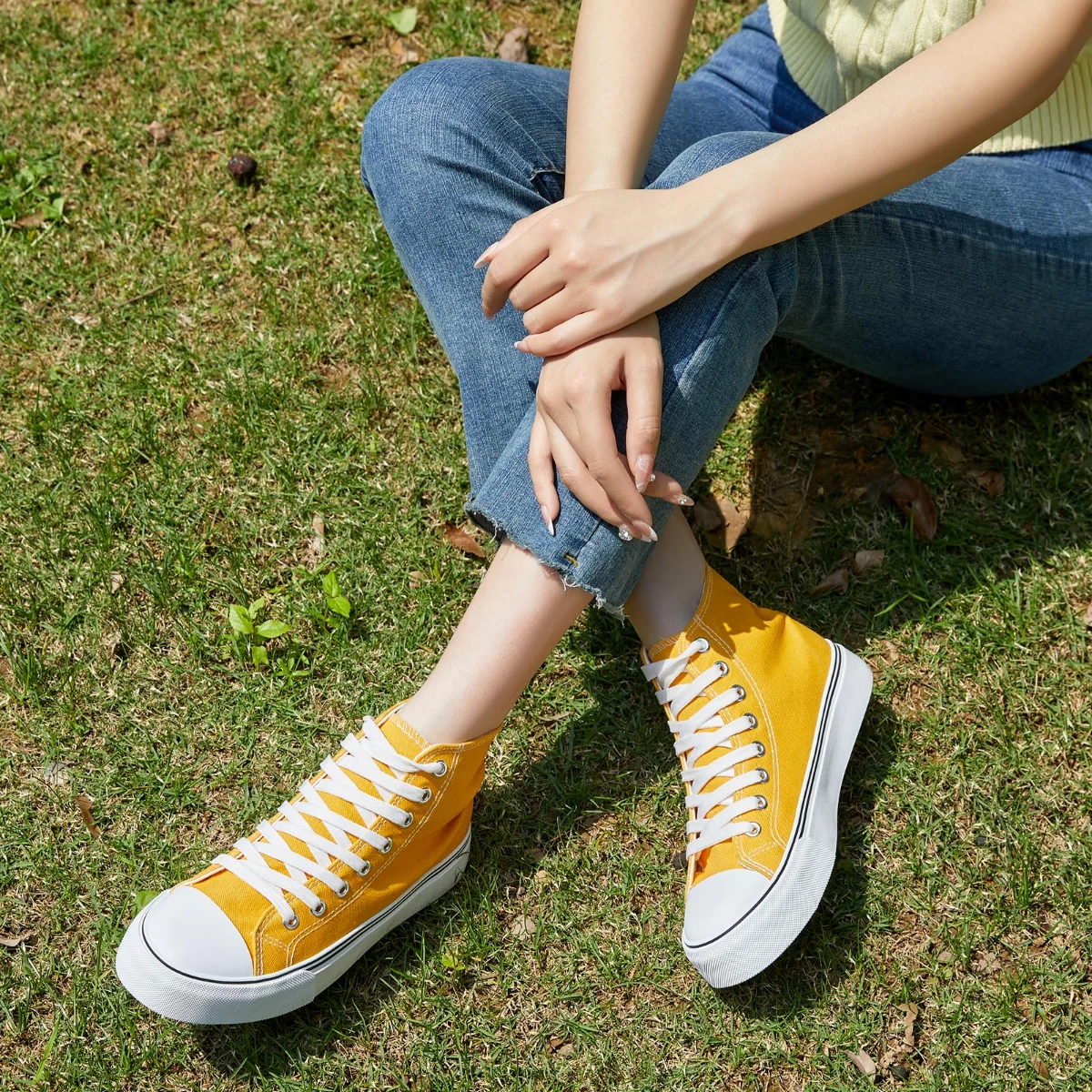 ZGR Padded Toe High Top Canvas Sneaker in Yellow, worn