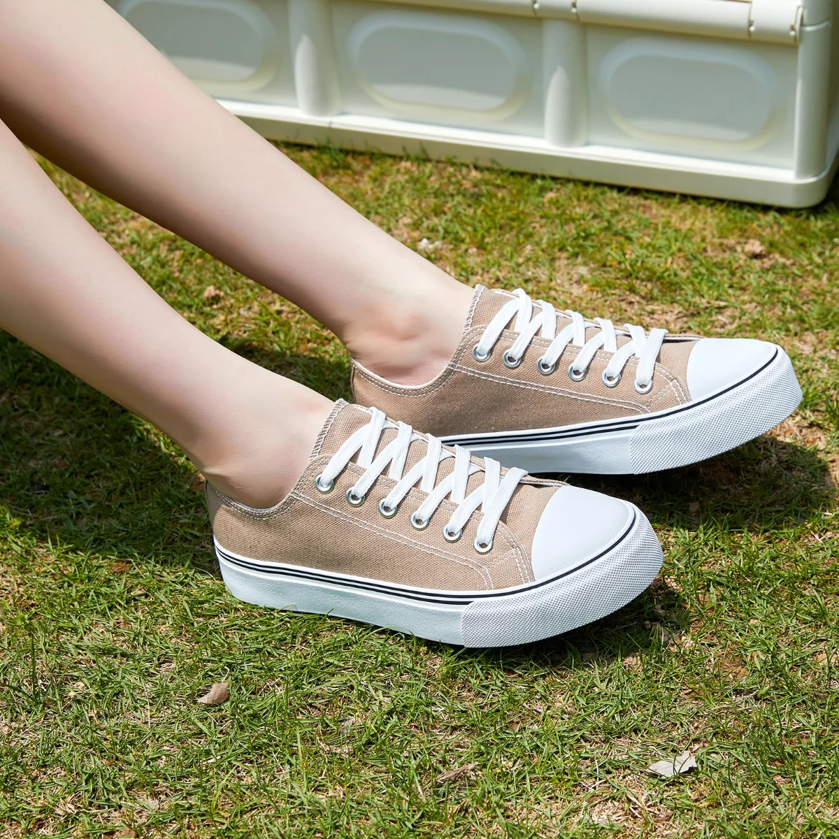 ZGR Padded Toe Low Top Canvas Sneaker in Brown, worn