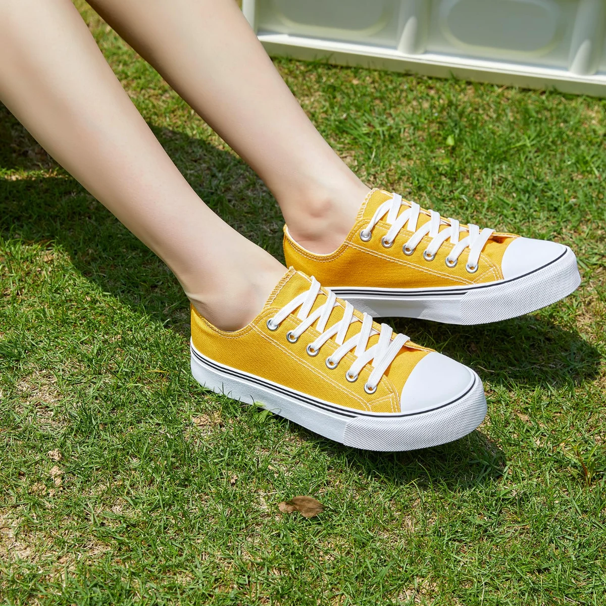 ZGR Padded Toe Low Top Canvas Sneaker in Yellow, worn