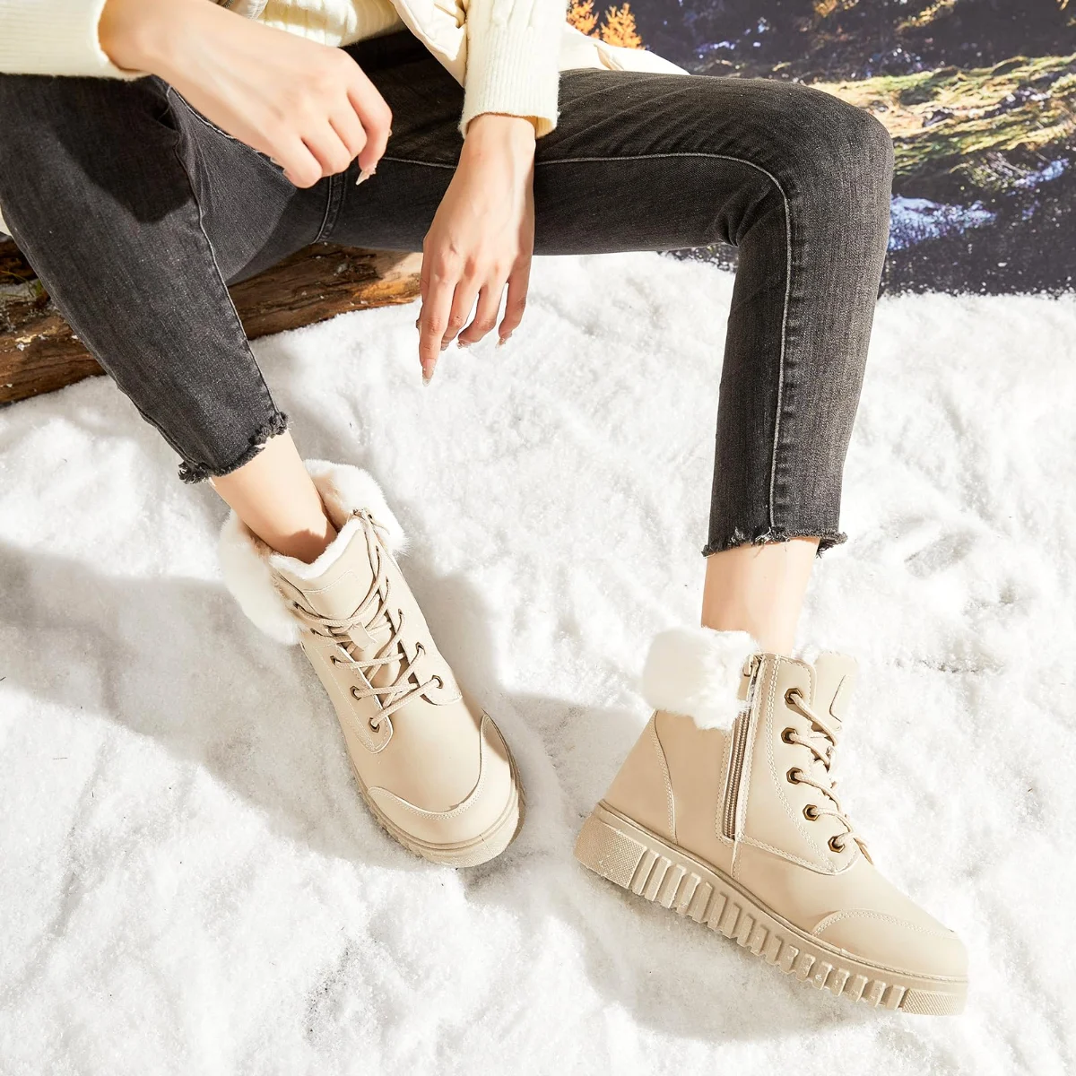 ZGR Side Zip Ankle Snow Boot in Beige, worn