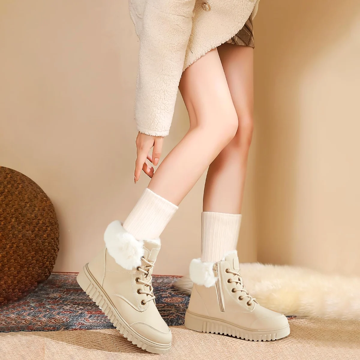 ZGR Side Zip Ankle Snow Boot in Beige, worn