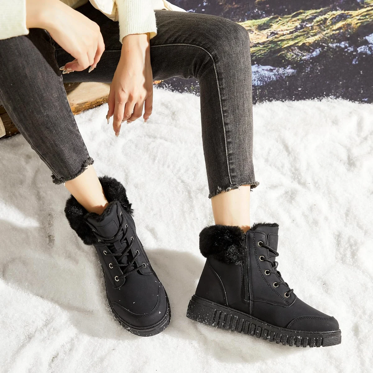 ZGR Side Zip Ankle Snow Boot in Black, worn