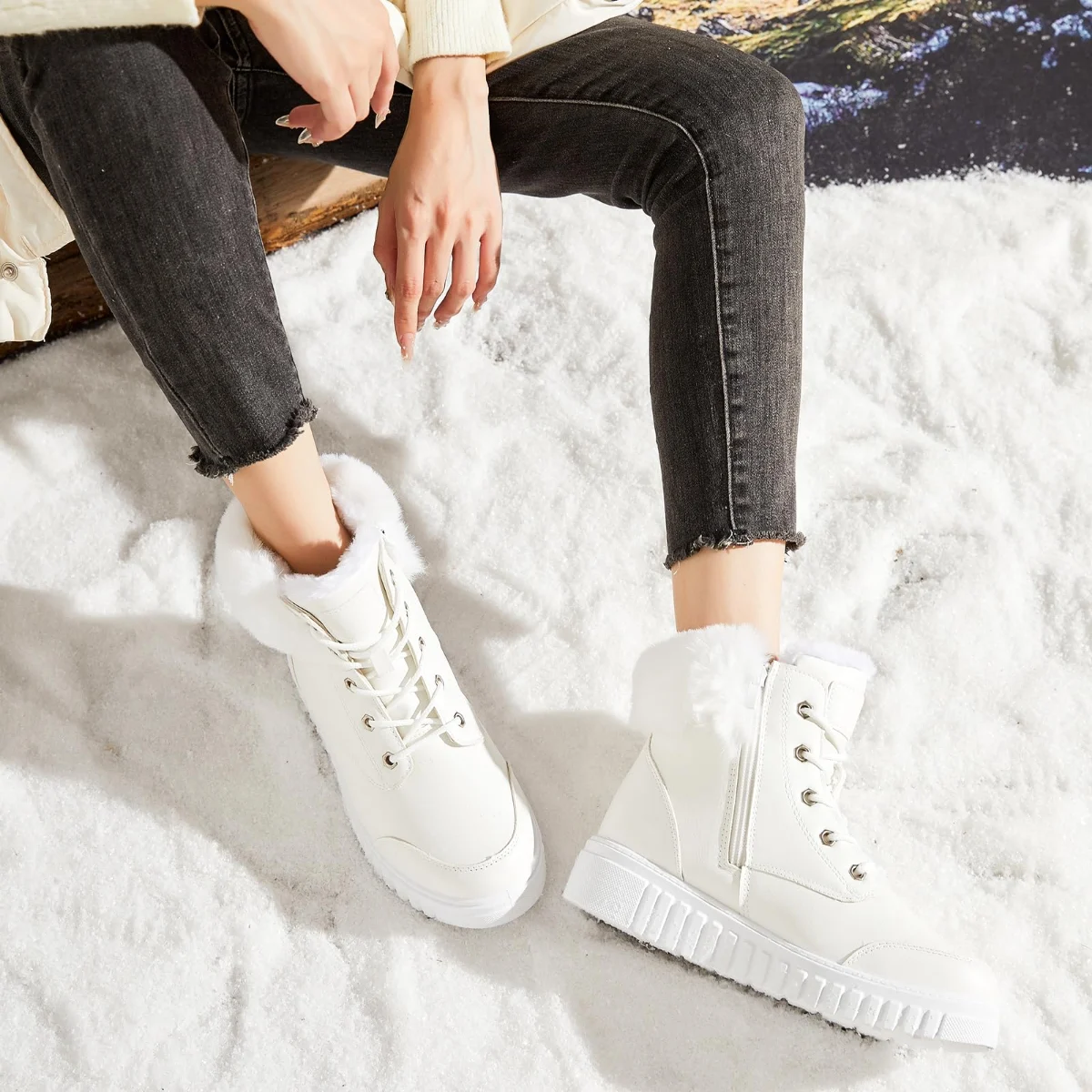 ZGR Side Zip Ankle Snow Boot in White, worn