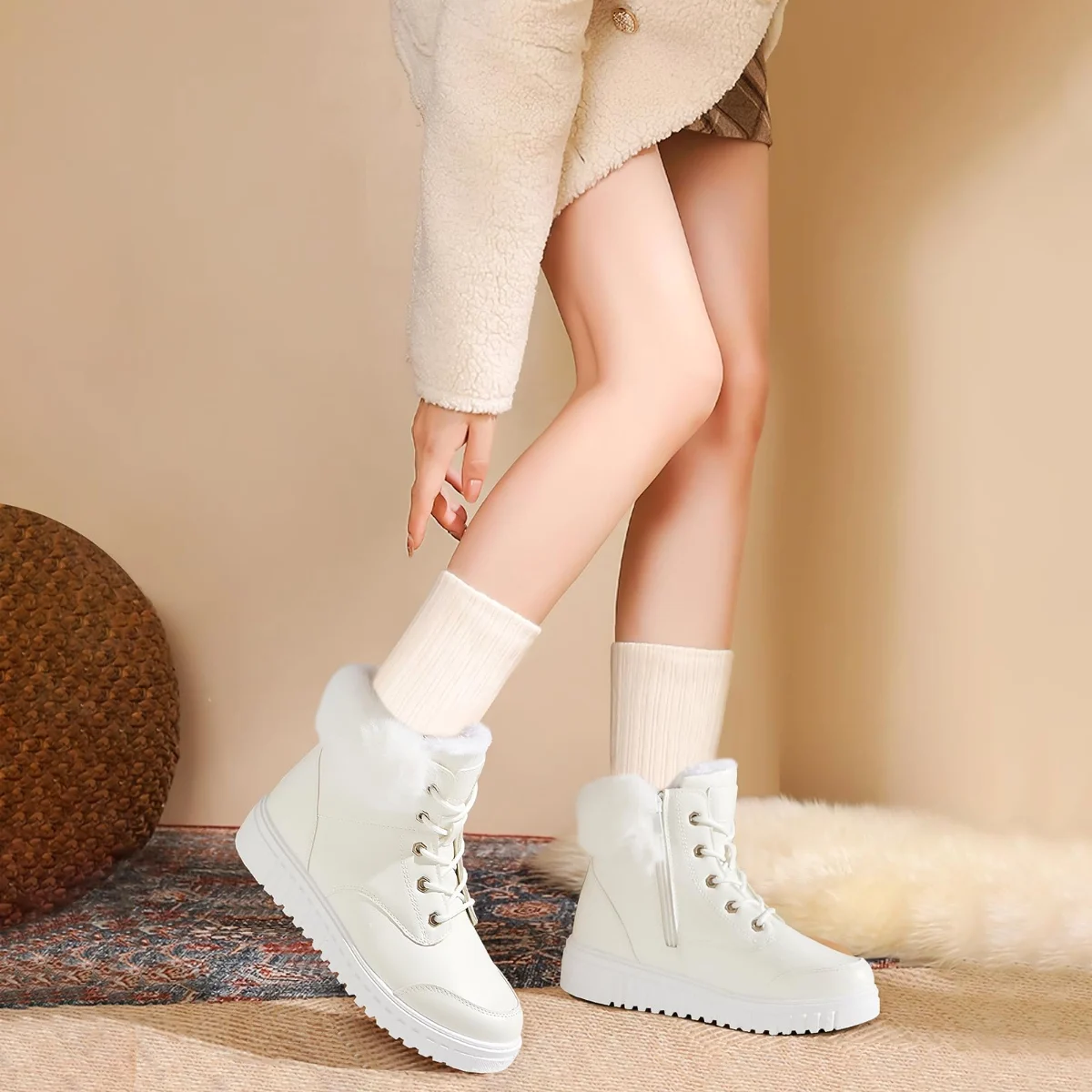 ZGR Side Zip Ankle Snow Boot in White, worn